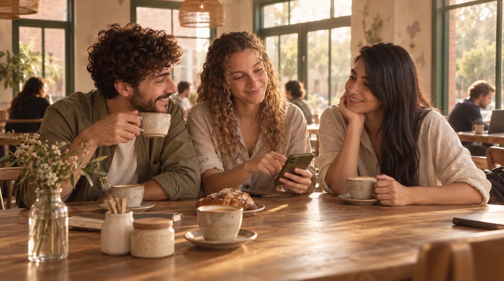 שלושה חברים ליד שולחן בקפה שולה, אחת מהם מראה משהו בטלפון